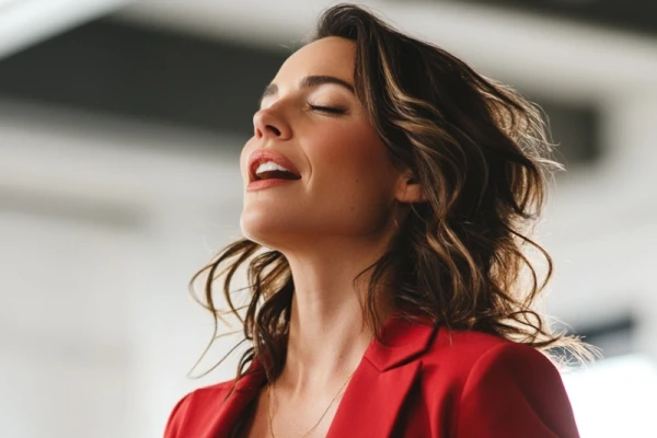 young woman singing, happy, long brown hair, wearing red blazer