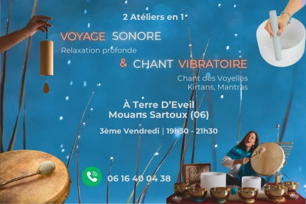 fond bleu, herbe avec gouttes d'eau, voyage sonore avec bols tibétains, tambour, femme assise en train de chanter et jouer aux instruments