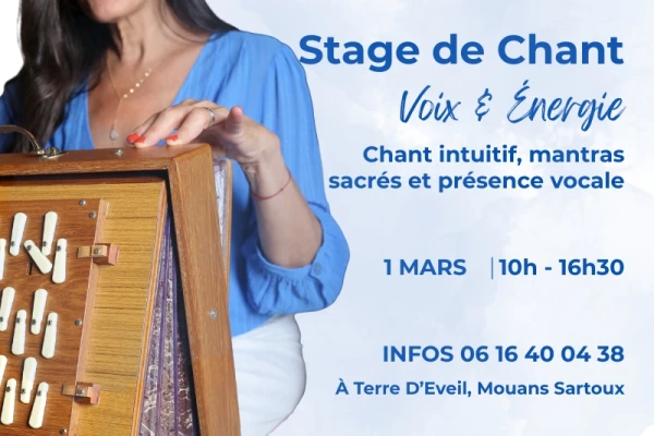 fond bleu ciel, une femme qui joue au shrutibox, elle porte une chemise bleue, affiche pour stage de chant
