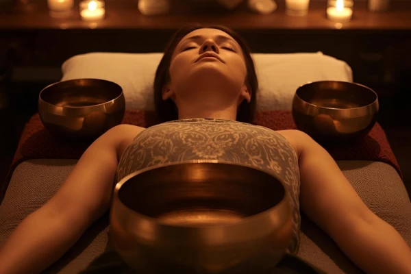femme allongée avec deux bols tibétains sur son corps, bougies en arrière plan, ambience de paix, lumière douce