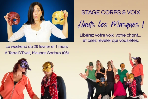 fond beige, une femme qui porte deux masques dans ces mains, elle est surprise, un groupe de femmes masquées, deux femmes masquées qui parlent
