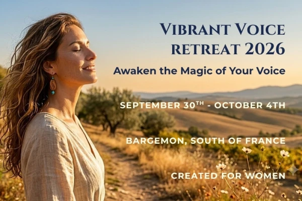 profile of a woman, long brown hair, mountains and trees in the background, flyer for voice retreat