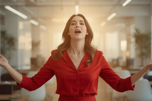 woman singing, happy, long brown hair, wearing red blazer, arms outstretched, modern office in background