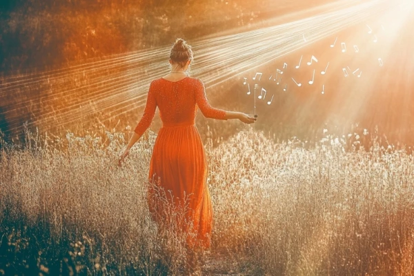 woman singing, happy, long brown hair, wearing red blazer, arms outstretched, modern office in background