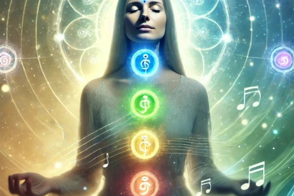 image d'une femme, yeux fermés, couleurs des chakras sur son corps, notes de musique et fond mystique