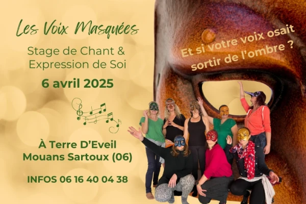 arrière plan jaune dorée, à droite un énorme masque de la commedia dell'arte, un groupe de femmes masquées, affiche pour stage d'expression de soi