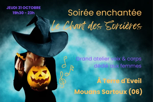 fond bleu, vert sorcière habillée en noire tenant une citrouille dans sa main stage de chant soirée des sorcières