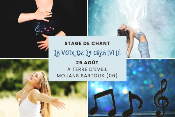 four images of music notes and women with their hearts open stage de chant et créativité