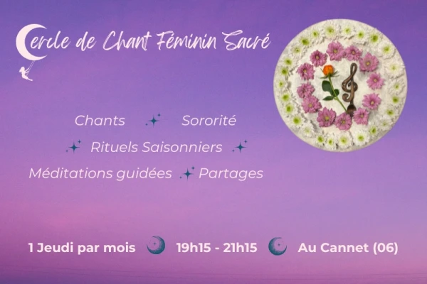 Affiche du cercle de chant féminin sacré, fond mauve, pleine lune avec des fleurs