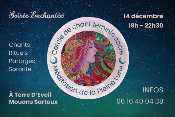 Affiche pour cercle de chant, ciel étoilée bleu-vert, image d'une tête de femme qui chante avec les notes de musique qui sortent de sa bouche