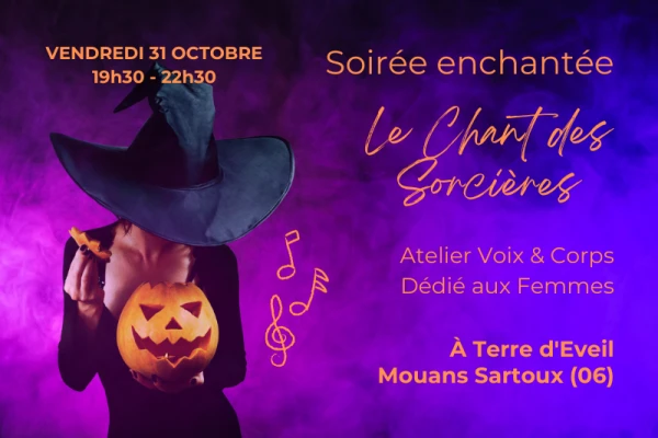 fond violet et rose foncé, silouhette d'une sorcière qui porte un chapeau qui couvre ses yeux, elle porte une citrouille découpée, informations pour une soirée de chant entre femmes