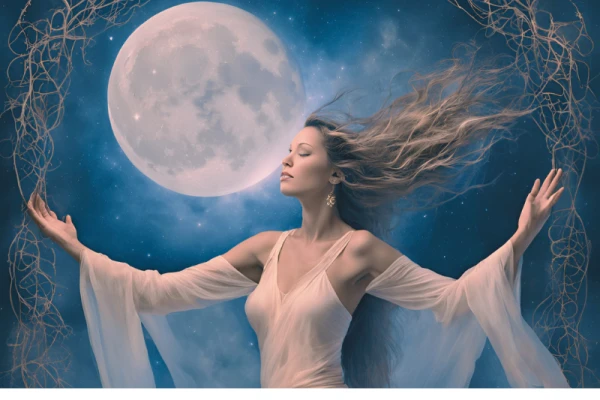 femme cheveux châtain longs les bras ouverts vêtue d'une robe blanche devant une énorme pleine lune en arrière plan et les branches d'arbre sur les côtés