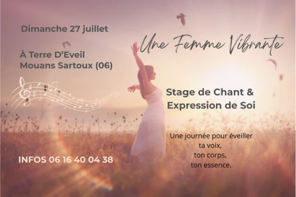 femme de profile, en robe blanche, les bras en l'air, dans un champ de couleur dorée, affiche pour stage de chant