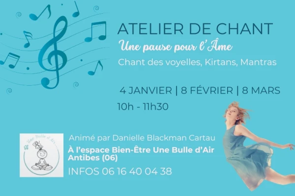 fond vert clair, femme en robe courte qui semble voler, bras ouverts, notes de musique, affiche pour atelier de chant