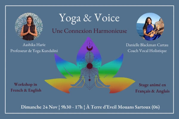 flyer pour stage de yoga kundalini et chant fond bleu indigo photos de deux femmes