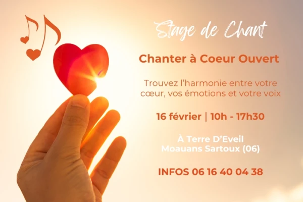 Ciel brillant, rayons du soleil, une main tient un coeur rouge dans ses doigts, notes de musique en forme de coeur, flyer pour stage de chant pour ouvrir le coeur