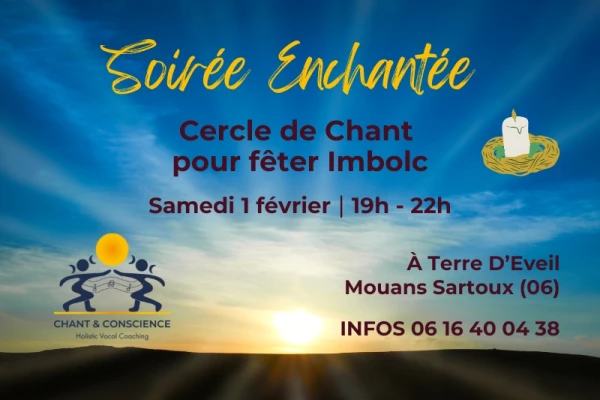 ciel bleu, soleil montant, bougie flottant, affiche cercle de chant, Imbolc