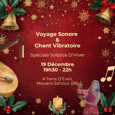 fond rouge, ambiance noël, instruments de musique, une femme en robe rouge tient un bol tibétain, decorations de noël