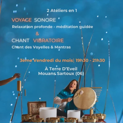 fond bleu, femme qui joue aux instruments de musique, affiche pour voyage sonore